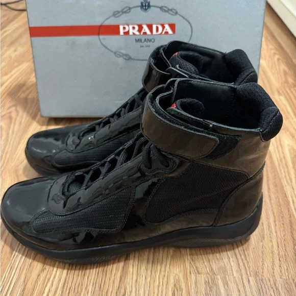 Prada Black High-Top Sneakers with Red Accent - Picture 3 of 7